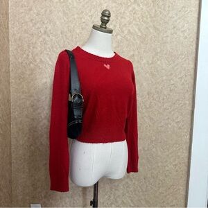 VTG Y2K 2000s Red Mesh Heart Detail Soft Cashmere Feel Crewneck Knit Sweater